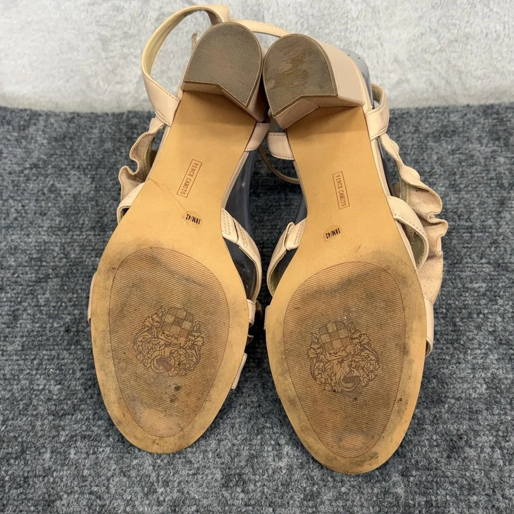 Vince Camuto‎ Sandals Womens Size 10 Beige Leather Ruffle Block Heel Ankle Strap